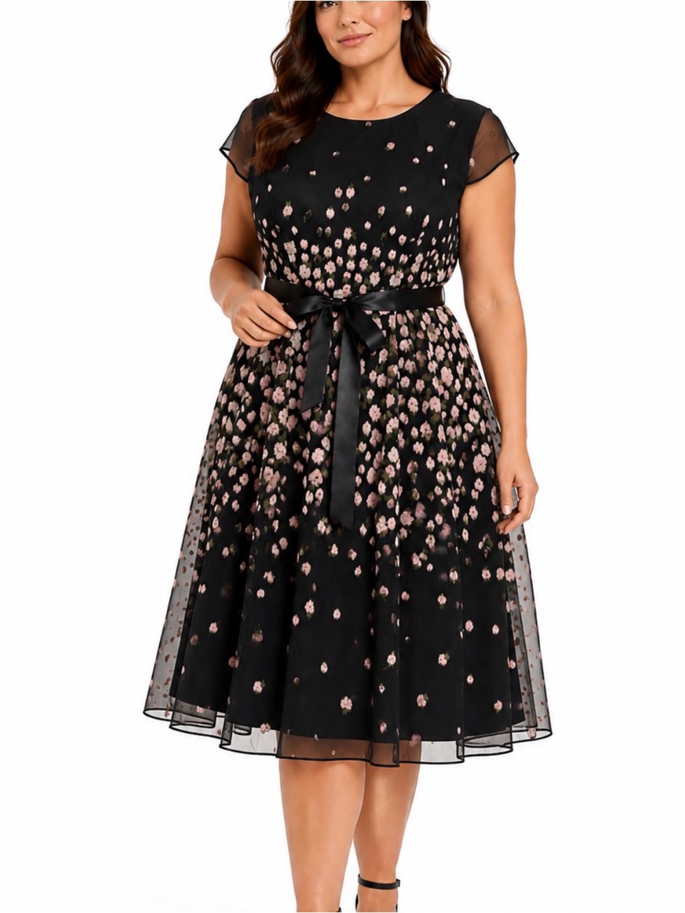 Tahari ASL Organza Black and Pink and White Floral Midi Dress with Pockets